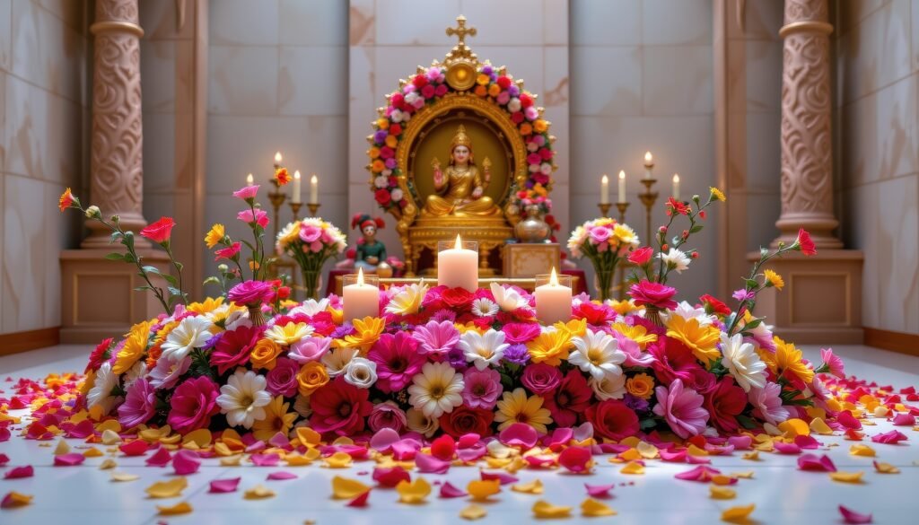 the altar enveloped in multicolored blooms, petals scattered elegantly to enhance the sacred and serene atmosphere, no people, no animals.